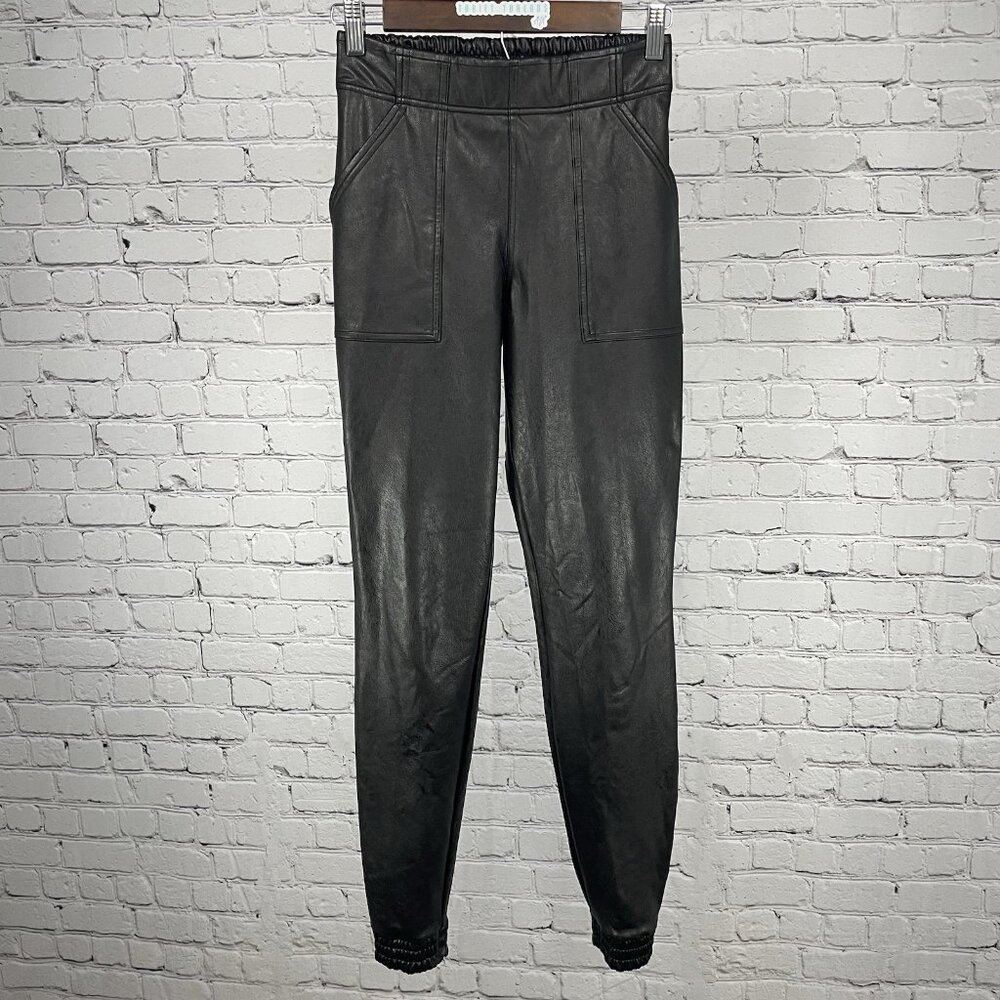 Spanx Black Faux Leather Stretch Elastic Waist Jogger Pants Pockets Size XS